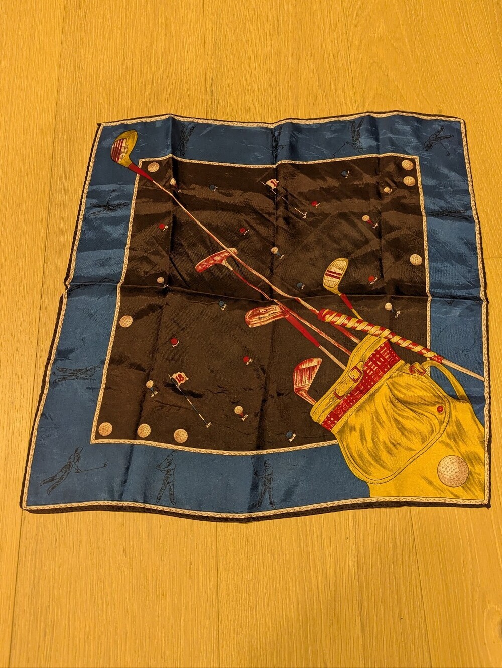 Vintage Golf Motif Silk Scarf in Blue & Yellow
